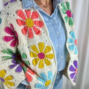 Vintage Daisy Granny square cardigan long flared sleeves mesh sweater Bolero shrug afbeelding 4