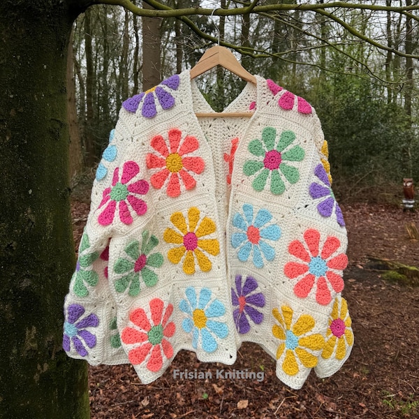 Cárdigan cuadrado Vintage Daisy Granny ? patrón de ganchillo | mangas largas acampanadas | suéter de malla | Boleros | encogimiento de hombros