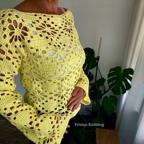 Jersey de crochet con flores, top corto y mangas largas acampanadas | Patrón de crochet | Suéter de malla | Bolero | Bolero