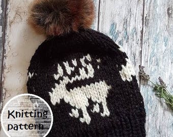 Knitting pattern fair isle reindeer hat // slouchy hat //PDF pattern // winter // ladies // handmade // fair isle // moose hat // knit hat