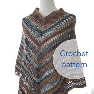 May include: Crochet pattern for a brown, blue and grey striped poncho. The pattern is called "Frisian Knitting".