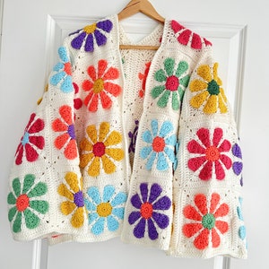Vintage Daisy Granny square cardigan long flared sleeves mesh sweater Bolero shrug afbeelding 6