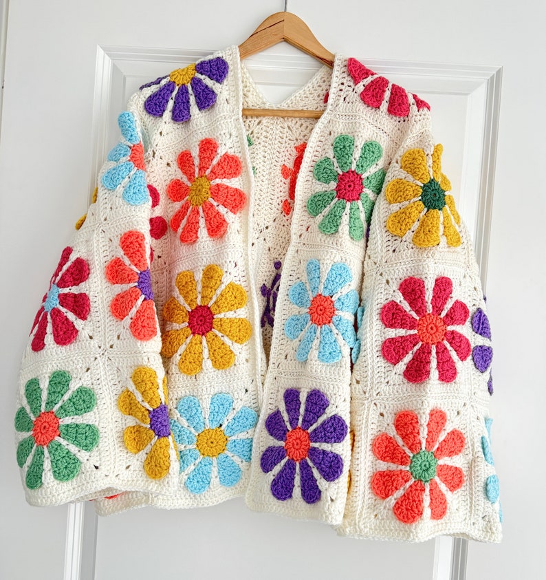 Vintage Daisy Granny square cardigan long flared sleeves mesh sweater Bolero shrug afbeelding 6