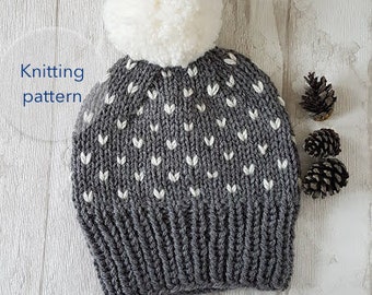 Cappello a cuore con motivo // berretto a cuore // cappello grosso // cappello con motivo a maglia cuoricini // cappello con fiocchi di neve bianchi // modello a berretto