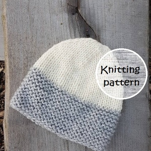 May include: A grey and white knitted hat with a "Knitting pattern" label. The hat is made with a simple stitch pattern and has a slouchy fit.  The hat is photographed on a wooden surface.