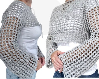 Pull en résille au crochet crop top manches longues évasées | pull en maille | Boléro | hausser les épaules