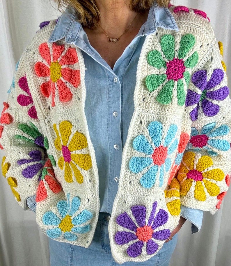 Vintage Daisy Granny square cardigan long flared sleeves mesh sweater Bolero shrug afbeelding 3