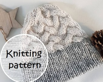 May include: Knitting pattern for a white and gray hat with a cable knit design. The pattern is called "Frisian Knitting".