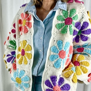 Vintage Daisy Granny square cardigan long flared sleeves mesh sweater Bolero shrug afbeelding 2