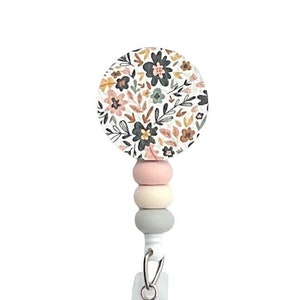 Genuine Leather Flower Badge Reel, Beaded Floral Badge Reel, ID Holder, Badge Pull, Name Badge Holder, Leather Badge Reel, Flower Badge Reel