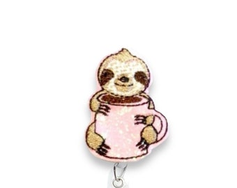 Coffee Sloth Badge Reel, Sloth Badge Reel, Coffee Badge Reel, Retractable Badge Reel, Badge Reel Topper (124)