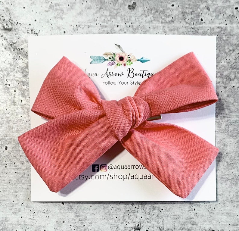 Hand Tied White Swiss Dot Coral Solid Fabric Hair Bow Clips Peach Floral