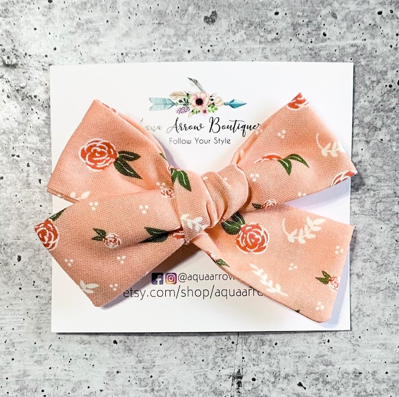 Hand Tied White Swiss Dot Coral Solid Fabric Hair Bow Clips Peach Floral