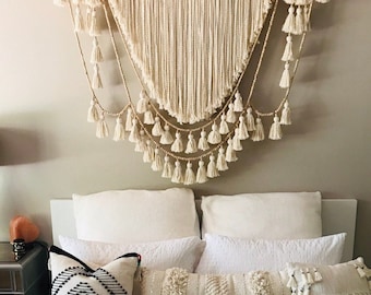 Tassels macrame wall hanging with natural wooden beads, Large boho textile headboard