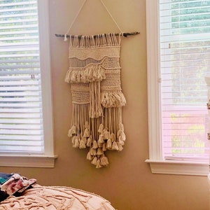 large woven macrame wall hanging, tassel tapestry, textile art, boho home decor image 1