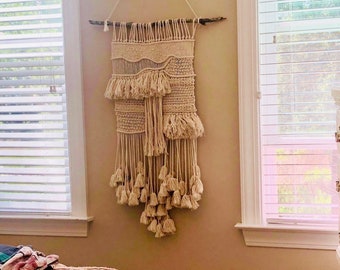 large woven macrame wall hanging, tassel tapestry, textile art, boho home decor