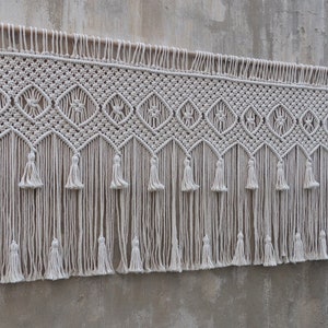 California king headboard, Macrame Curtain, boho wall art, bedroom decor