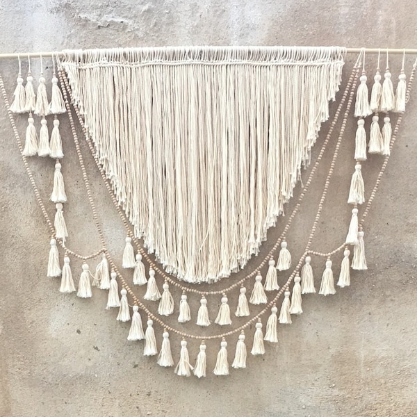 Boho Macrame Wall Hanging: Wood Bead Garland, 55-Inch Wide