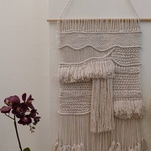 large woven macrame wall hanging, tassel tapestry, textile art, boho home decor image 3