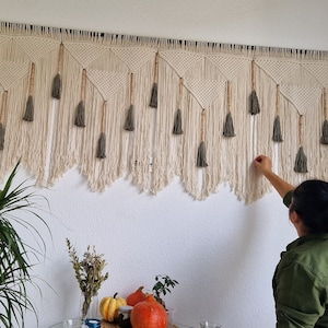 Macrame window treatment with sage tassels, large wall hanging, bedroom tapestry,