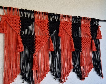 Orange black macrame wall hanging, autumn wall decor, dining room party decor, nursery wall decor