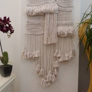 large woven macrame wall hanging, tassel tapestry, textile art, boho home decor image 2