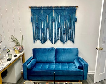 macrame wall hanging, King headboard, large blue wall decor