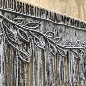 Gray leaf macrame window valance, Large wall hanging