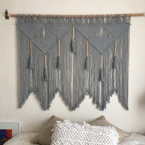 gray macrame headboard, large wall hanging, Bohemian Home Decor