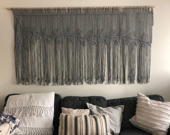 Macrame leaf hanging, Gray Home decor, Macrame Curtain, Large wall hanging