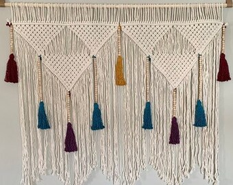 Macrame headboard tassels multi colored, boho nursery wall art