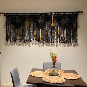 Black Macrame wall hanging with mustard tassels, boho home decor