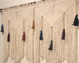 Rainbow Tassel Macrame Wall Hanging: Boho Room Decor (35 inches)