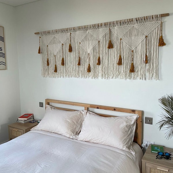 King Macrame Headboard with mustard tassels, large wall hanging