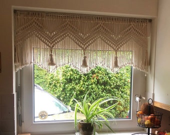 Kitchen curtain window valance Macrame decor, short boho curtains