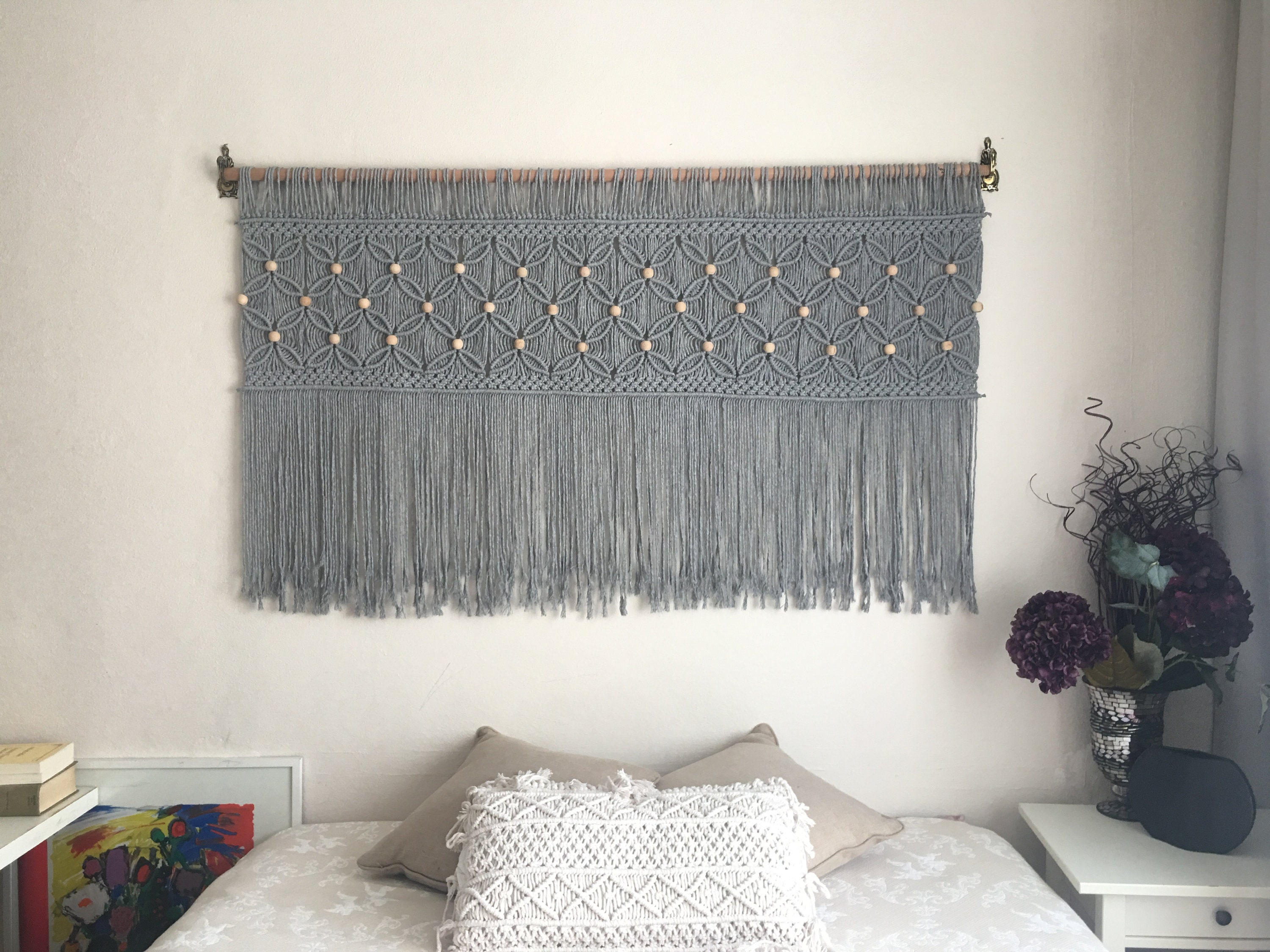 Gray Macrame Wall Hanging Headboard With Beads Beaded Etsy UK