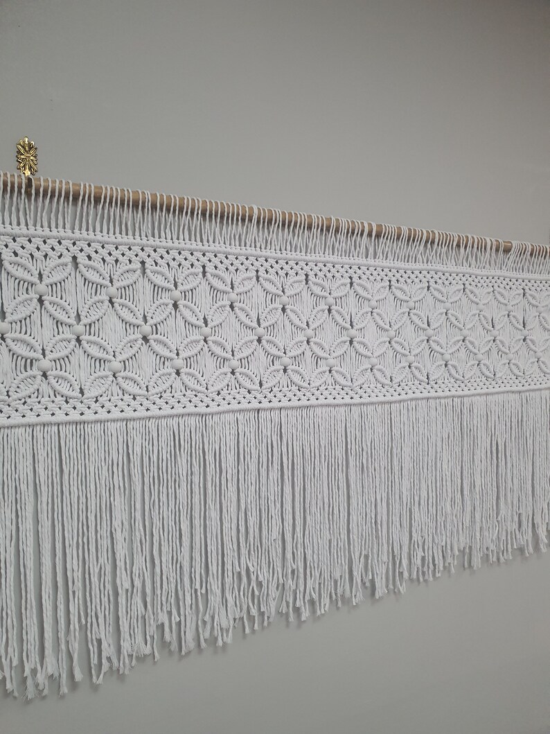 White Large Macrame Wall Hanging With Beads, Boho Flower Textile Art ...