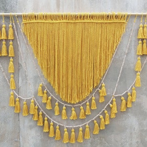 Tassels garland beads wall decor, yellow macrame wall hanging