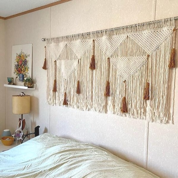 macrame wall hanging over bed - boho wall art bedroom decoration