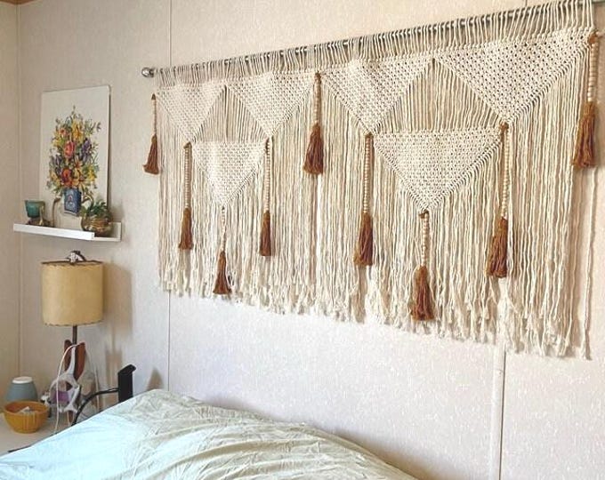 macrame wall hanging over bed - boho wall art bedroom decoration