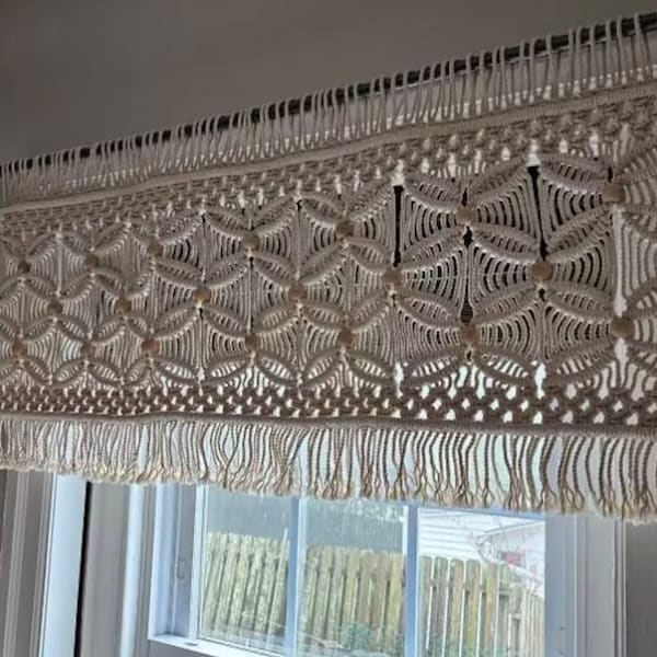 Macrame valance beads, neutral macrame curtain