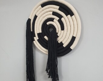 Macrame Wall Art = Black White Zebra Stripes, Round Tapestry (12 inch)