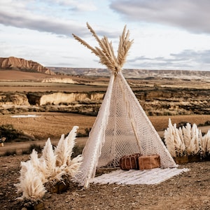 May include: A white crochet teepee tent with a white rug and two brown poufs inside. The teepee is set up in a desert landscape with dried pampas grass on either side.