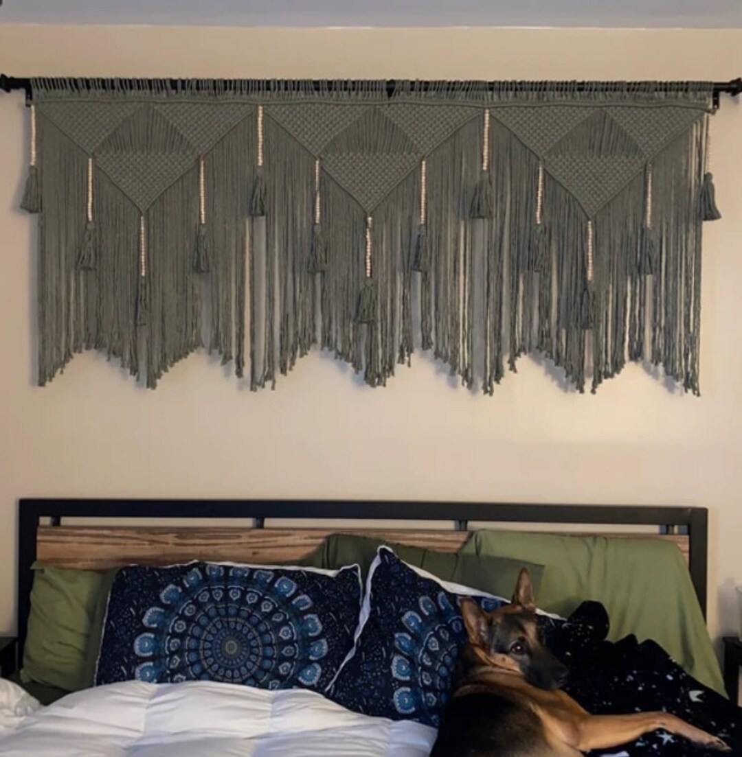 Macrame Sage Green Wall Hanging Bedroom Tapestry, Boho Over Coach Wall