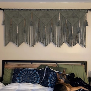 macrame Sage green wall hanging bedroom tapestry, boho over coach wall art home decor