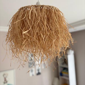 May include: A natural woven raffia lampshade hangs from the ceiling. The lampshade has a round shape with a dense, fringed texture, and a light brown color. The fixture is suspended by a white cord and canopy, adding a touch of bohemian style to the room.