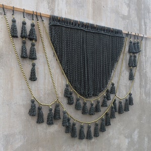 Green Wall Hanging with Gold Beads, macrame headboard, wall decor, boho home, over bed art