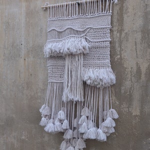 large woven macrame wall hanging, tassel tapestry, textile art, boho home decor image 9