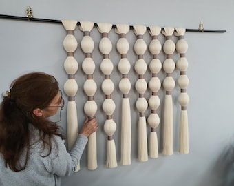 Large Fiber Wall Art, Modern Macrame Wall Hanging, Yarn Wrapped Tassel Tapestry