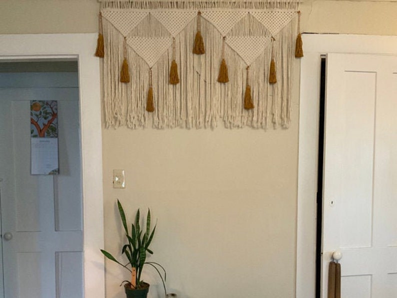 macrame headboard with mustard tassels, large wall art decor image 10